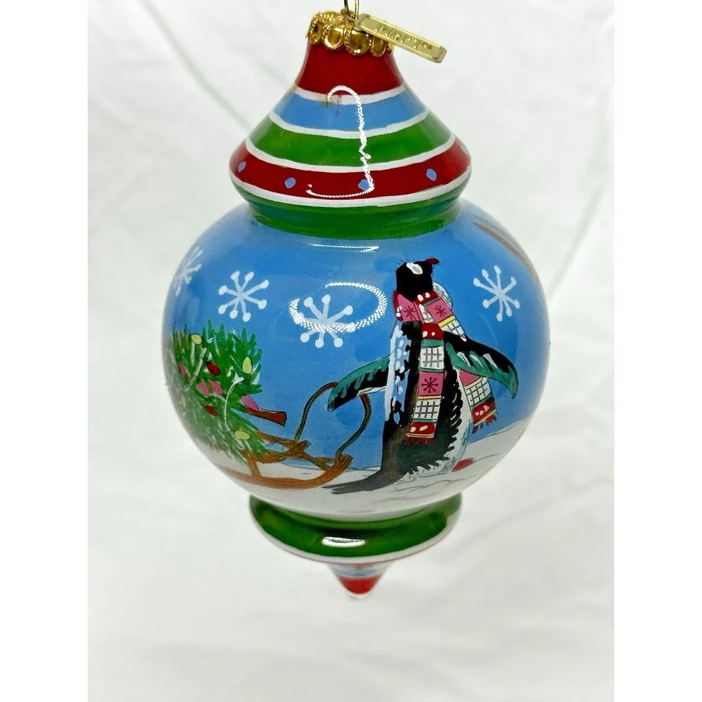 Pier 1 Le Bien Glass Ornament Reverse hand Painted Penguin Tree 2017 Teardrop